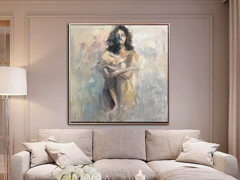 Très grande peinture à l'huile sur toile, représentant un corps de femme nue. Œuvre d'art moderne et abstraite pour la décoration.