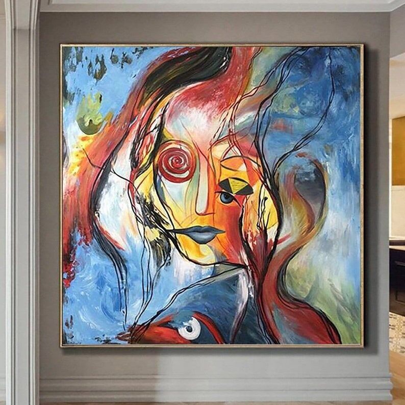 Original Abstract Face Oil Painting: Colorful Modern Art Canvas