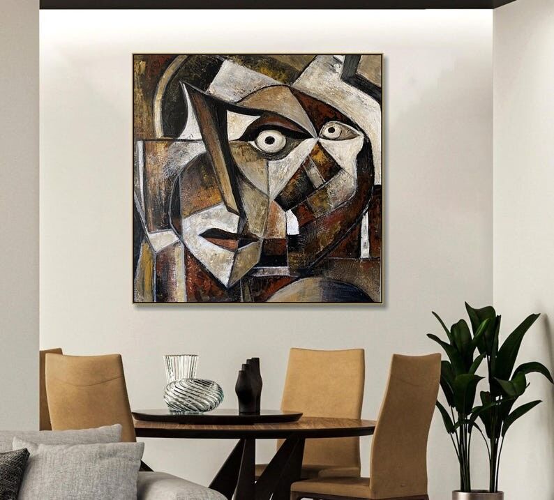 Large Abstract Cubist Artwork Earthy Tone Geometric Face Painting