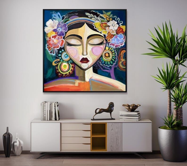 Portrait de femme colorée – Décoration murale sur toile style bohème Frida Kahlo
