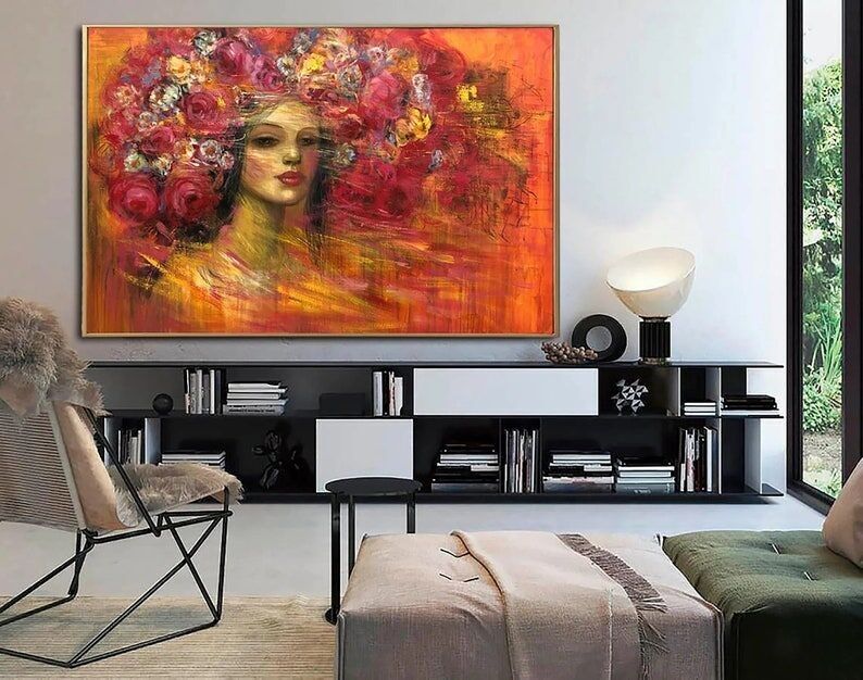 Floral Woman Painting: Impressionist Portrait, Modern Wall Art