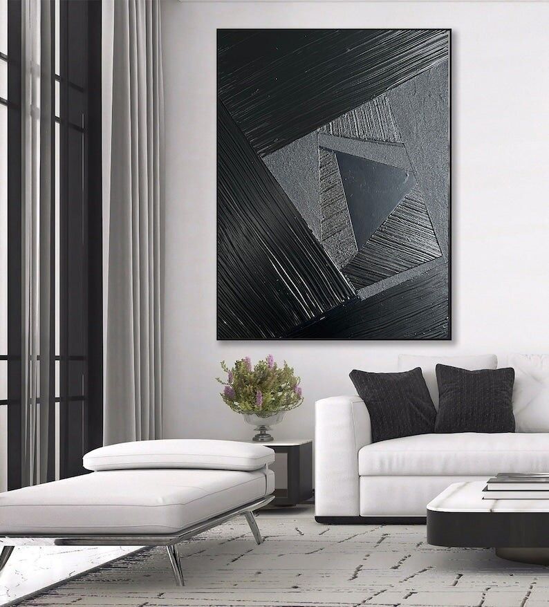 Tableau géométrique noir – Grande toile texturée monochrome, décoration murale minimaliste moderne