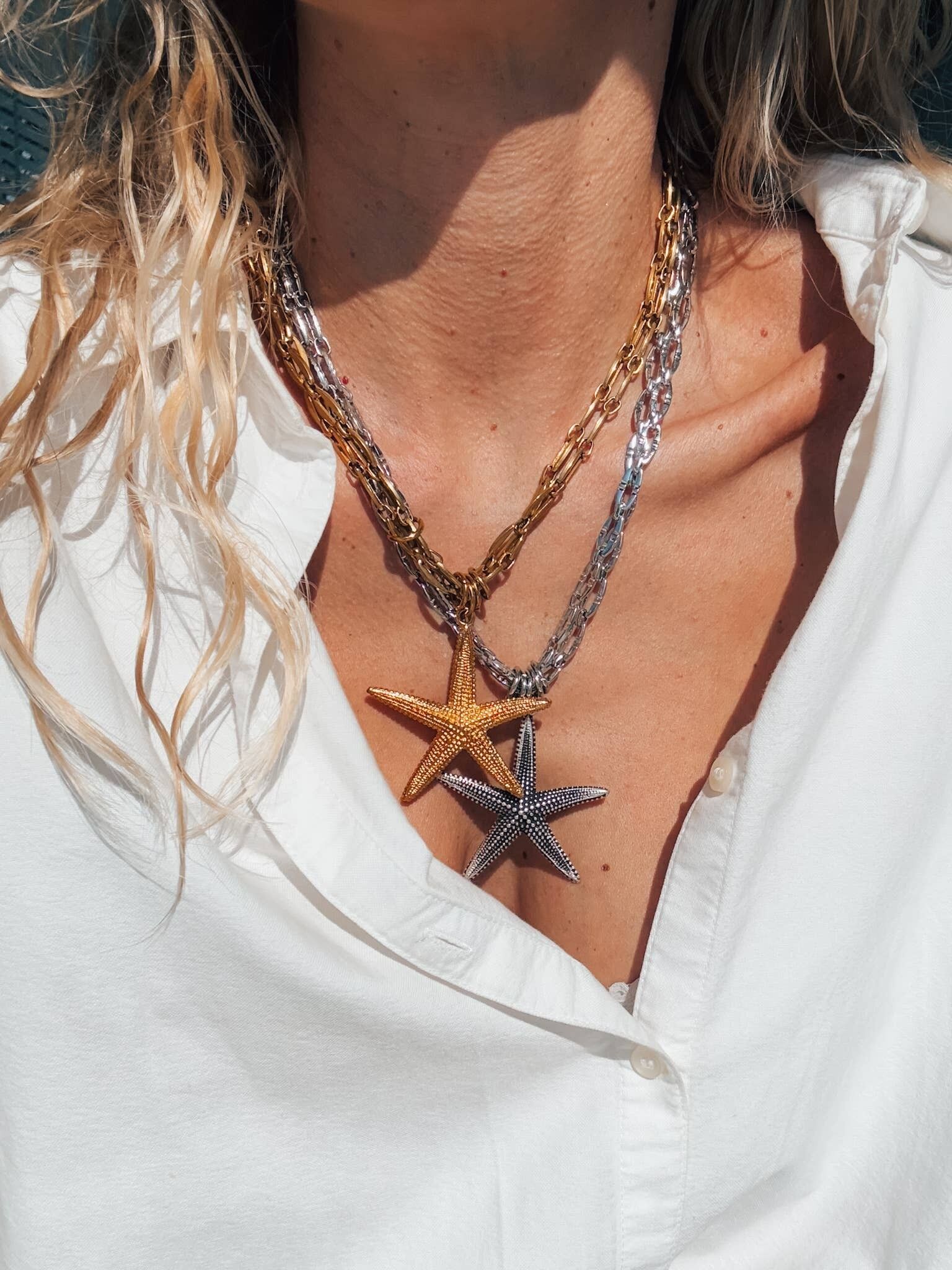 Cadena doble de acero con colgante de estrella de mar grande