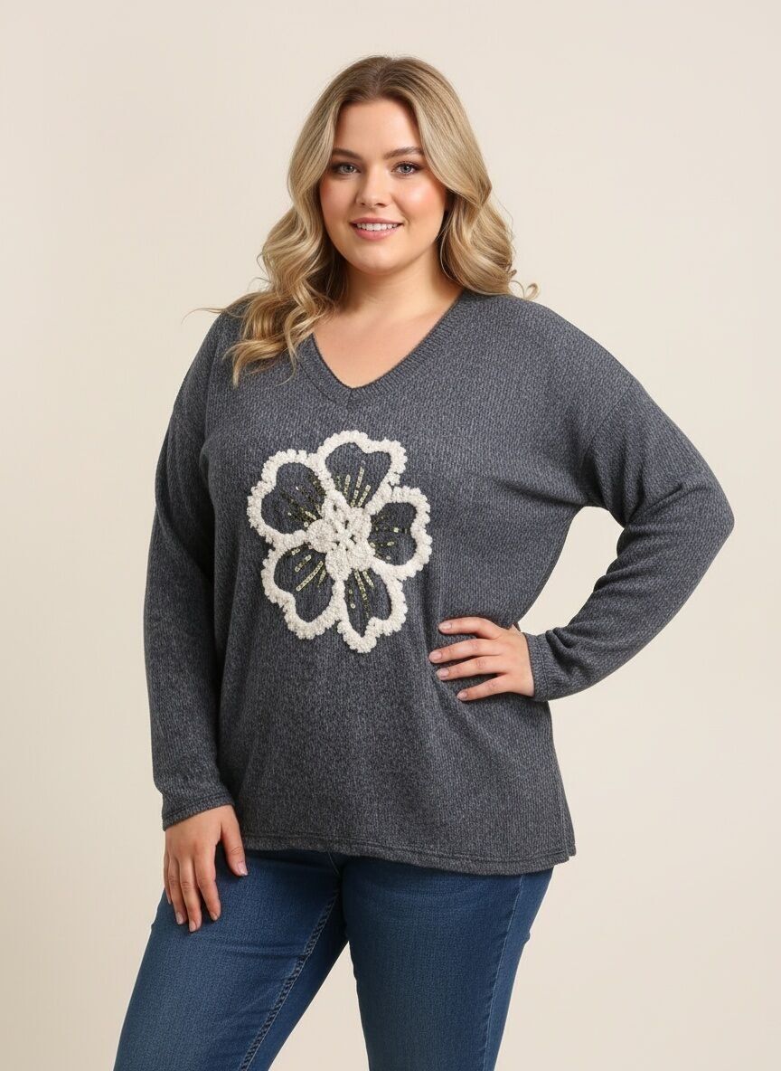 Suéter gris con estampado floral grueso de talla grande (T21410)