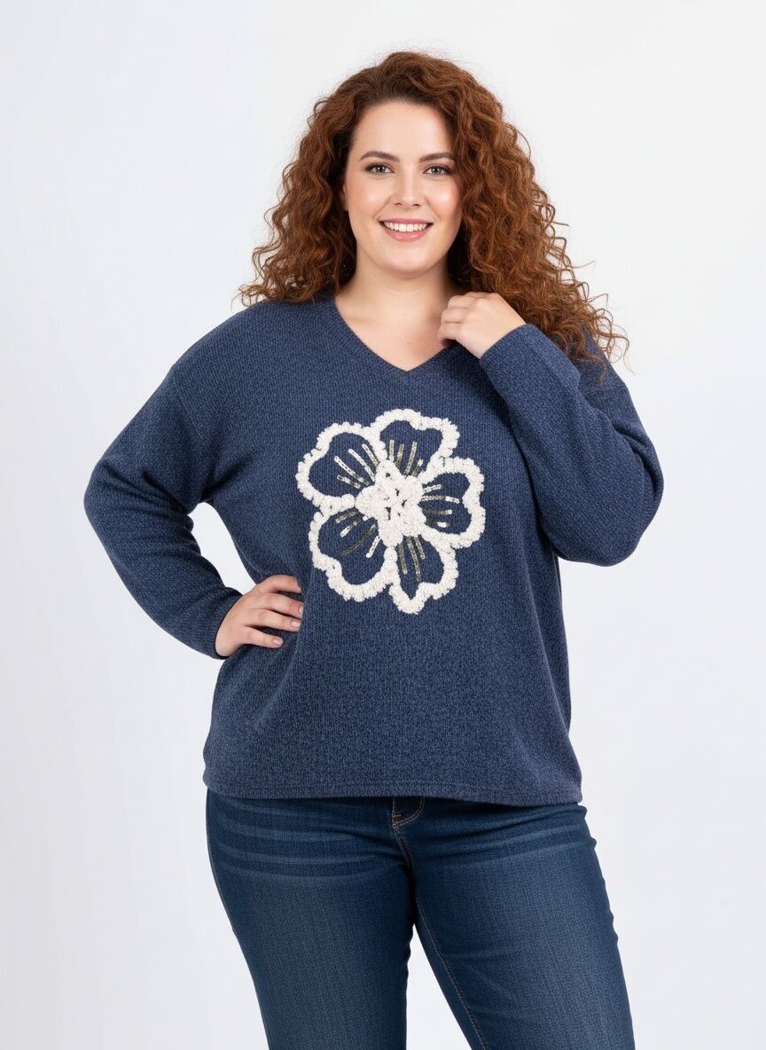 Suéter azul grueso de talla grande con estampado de flores (T21410)