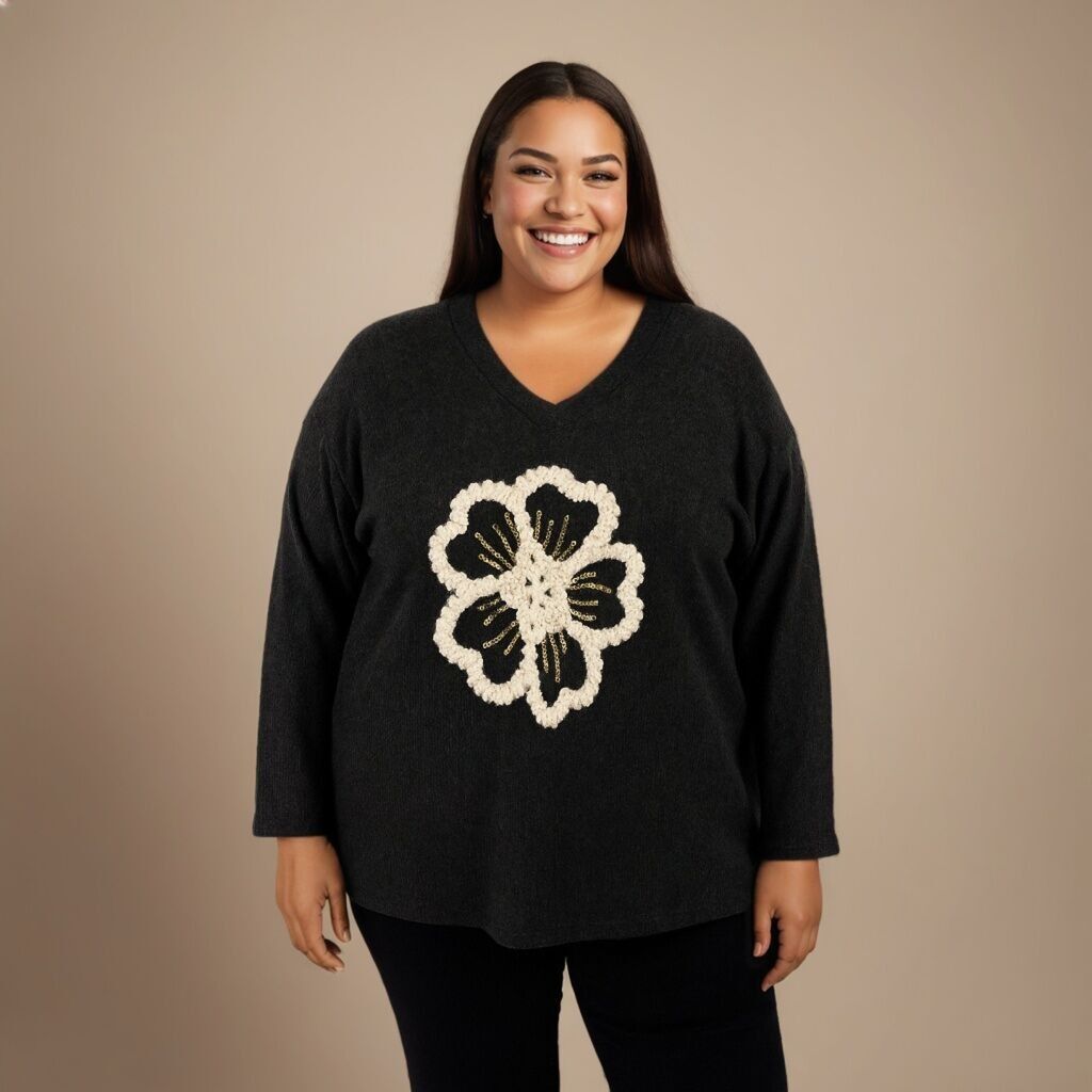 Maglione blu spesso, taglia comoda, fantasia nera (T21410)