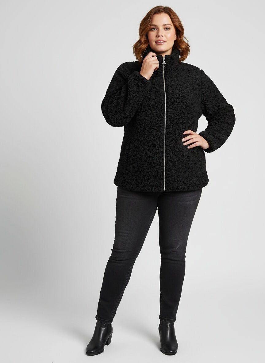 Giacca in pile nero taglia comoda (T5763)