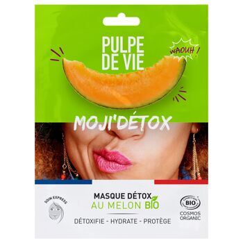 Masque Détoxifiant Visage en tissus BIO, au melon 15 ml, 100% recyclable, cosmétique antigaspi bio, format unitaire, Upcycling, MOJI' DETOX, formule naturelle 2