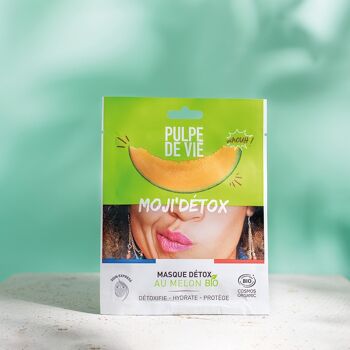 Masque Détoxifiant Visage en tissus BIO, au melon 15 ml, 100% recyclable, cosmétique antigaspi bio, format unitaire, Upcycling, MOJI' DETOX, formule naturelle 1