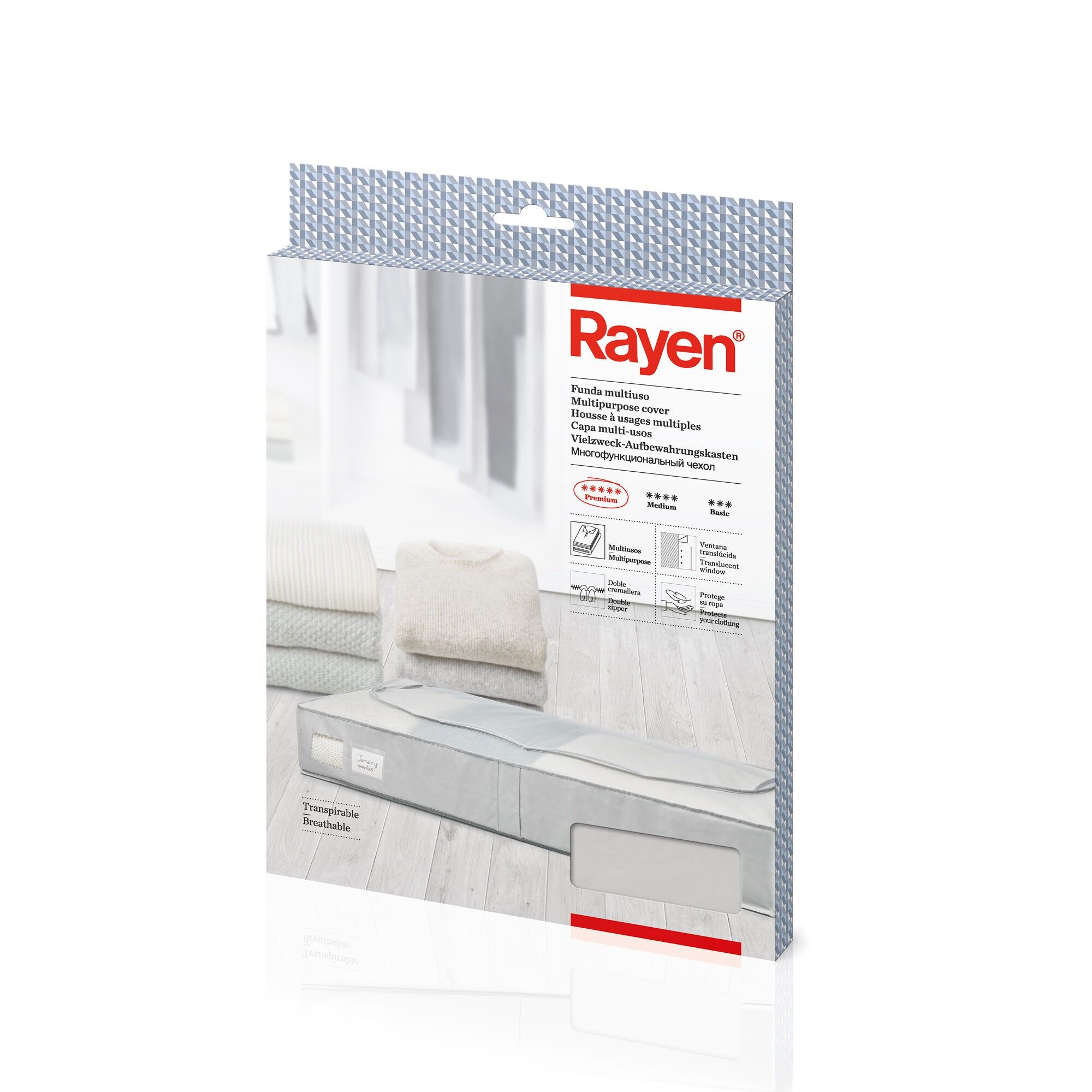 Rayen | Storage box for clothes and bedclothes | Zip-up fabric bag for clothes with breathable, folding and resistant vent | 45 x 103 x 16 cm | Light Grey/Translucent