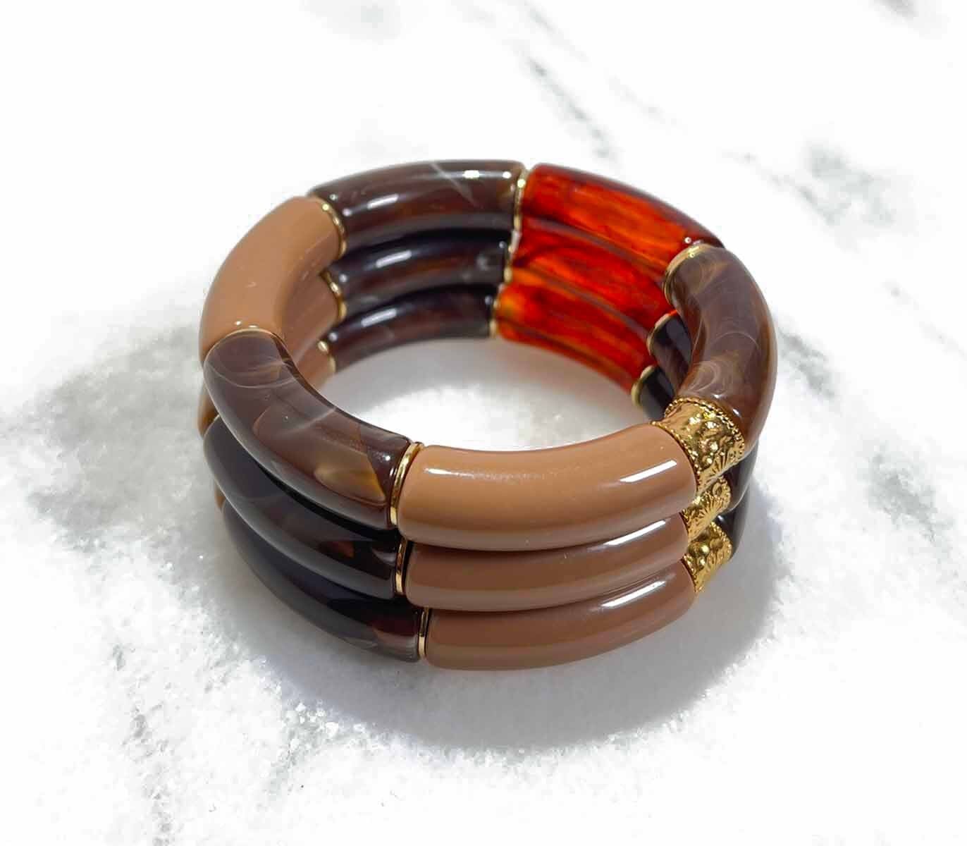 Acrylrohr-Armband auf elastischem Band – Dunkelbraun, Bernstein und Creme