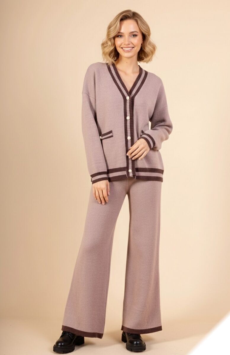 Set aus perlenbesetzter Weste mit Knopfleiste und elastischer Hose – 815 – Lusa Mode