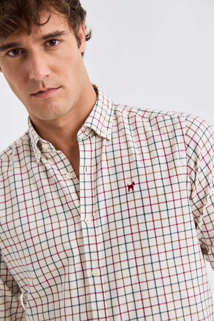 Chemise à carreaux de chasse bordeaux, bouteille et ocre