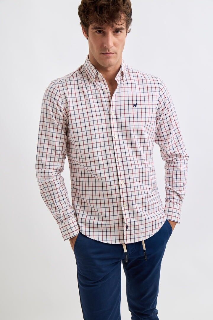 Chemise à carreaux de chasse bleu marine et rouge