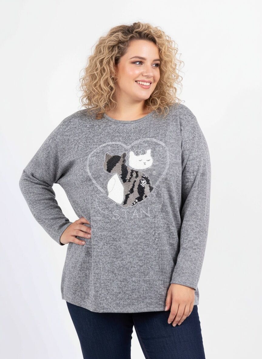 Suéter gris con estampado de gato de talla grande (T9818A)