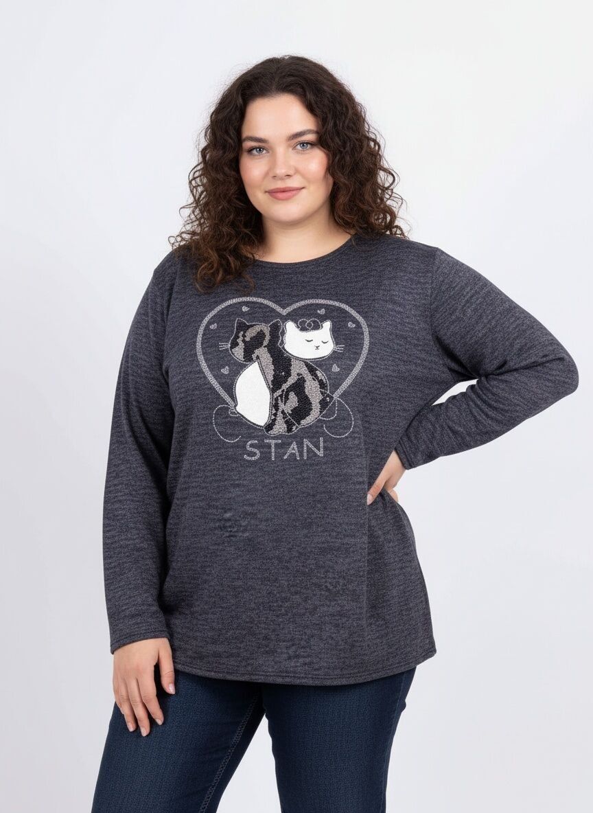 Suéter con estampado de gato azul de talla grande (T9818A)