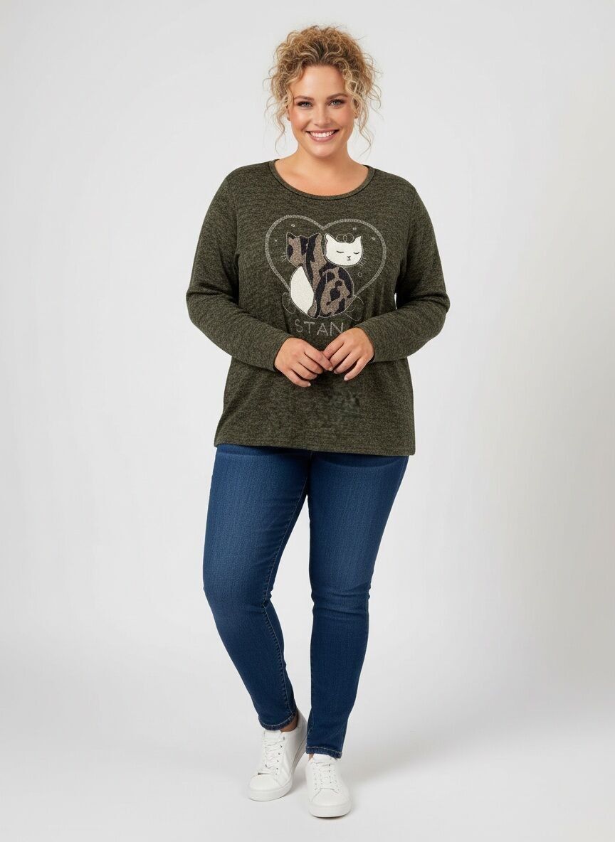 Großer Pullover mit Katzenmuster in Khaki (T9818A)