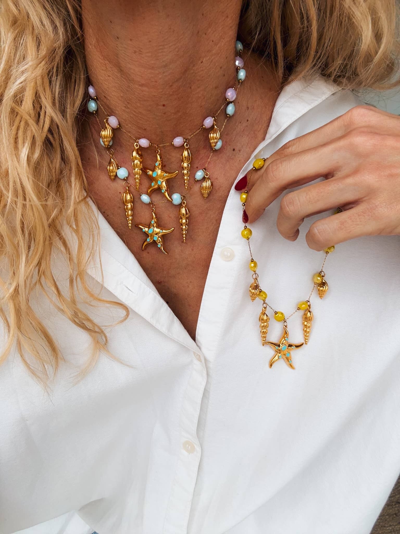 Gold Rosario Choker with tropical charms in three colors