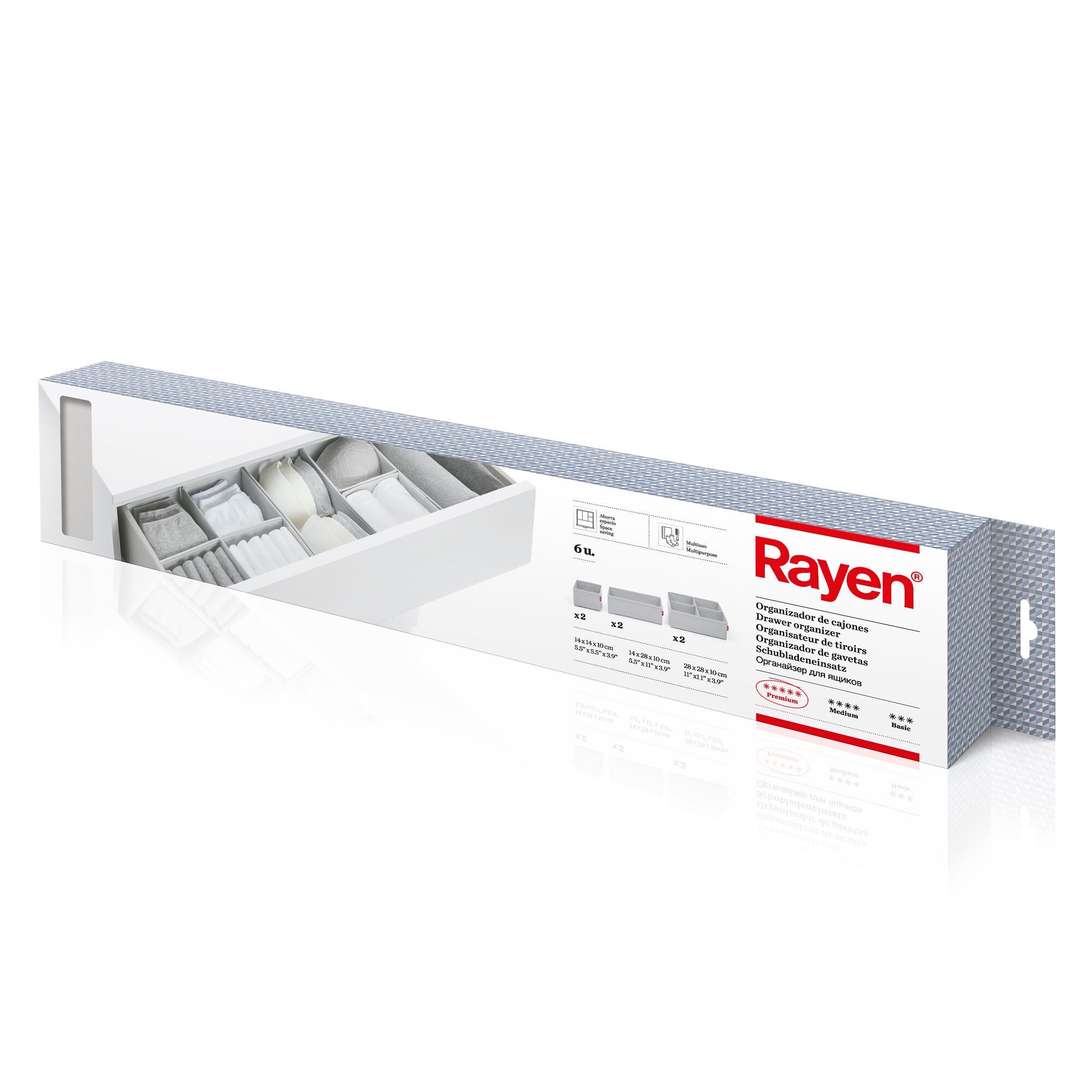 Rayen - Organisateur de tiroir pliable contenant 6 boîtes de rangement pour vêtements de différentes tailles. 2 boîtes de 14 x 10 cm, 2 boîtes de 14 x 28 x 10 et 2 boîtes de 28 x 28 x 10. Gris clair, 2017.11 X P.