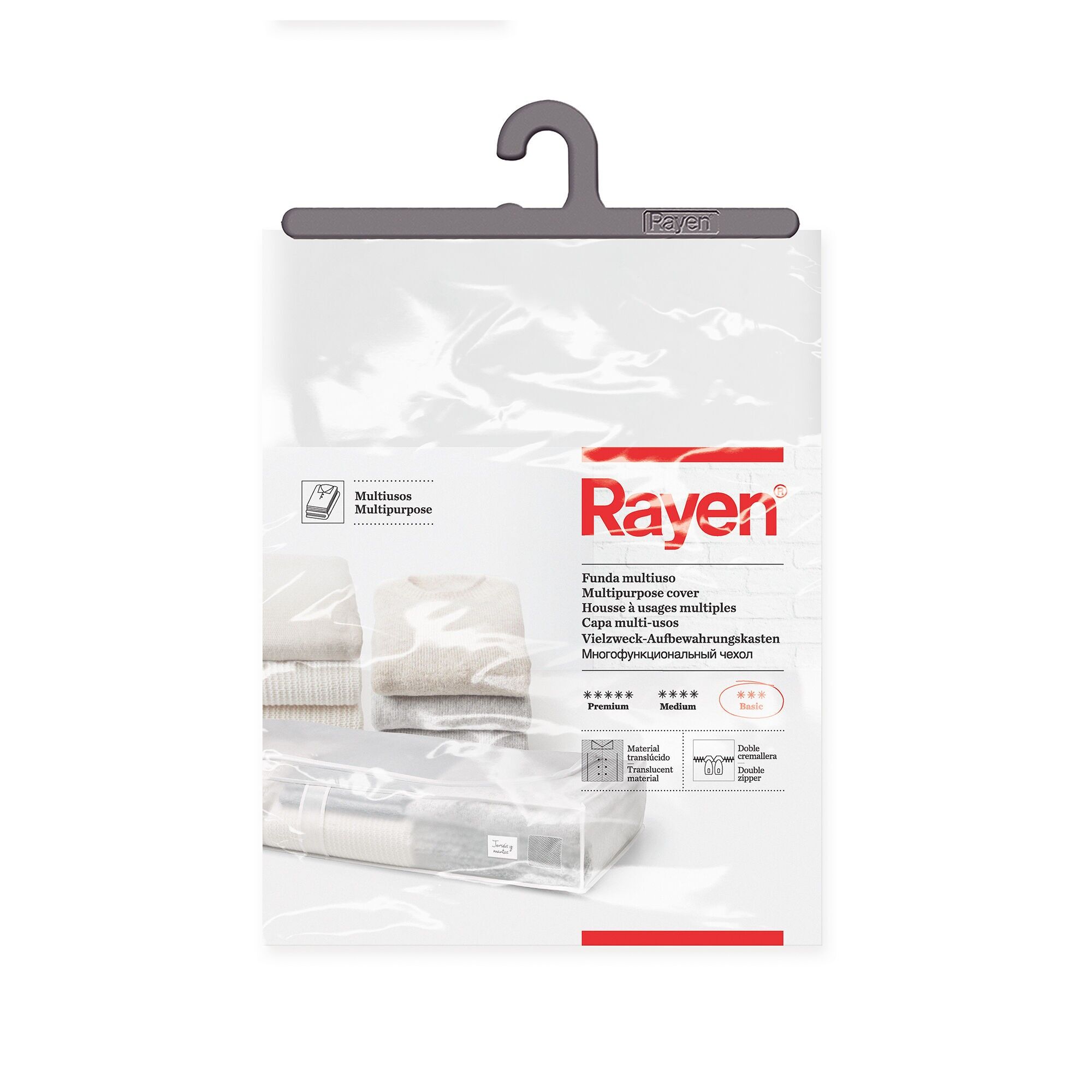 Rayen | Boîte de rangement pour vêtements et linge de lit | Sac en PVA zippé pour vêtements, respirant, pliable et résistant | 45 x 103 x 16 cm | Translucide