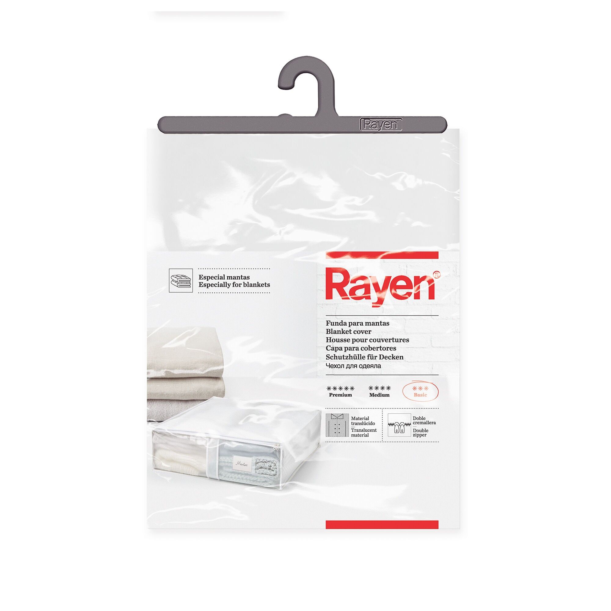 Rayen | Caja para gardar ropa y sábanas | Tasche aus Stoff mit Krempe für Kleidung mit Belüftung, atmungsaktiv, abnehmbar und widerstandsfähig | 55 x 65 x 20 cm | Blanco/Translúcido