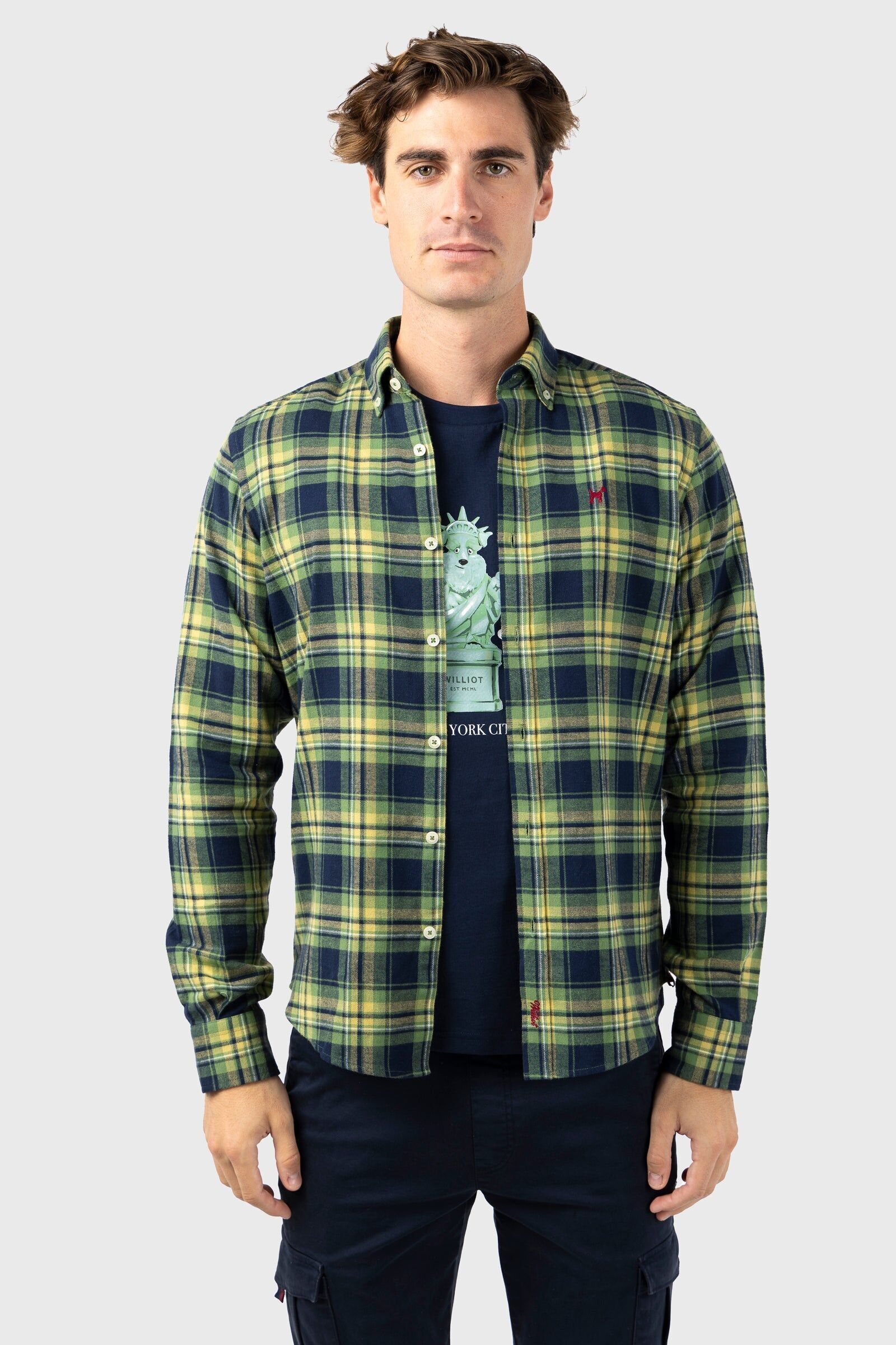 Chemise Viella bleu marine, vert et jaune, coupe ajustée