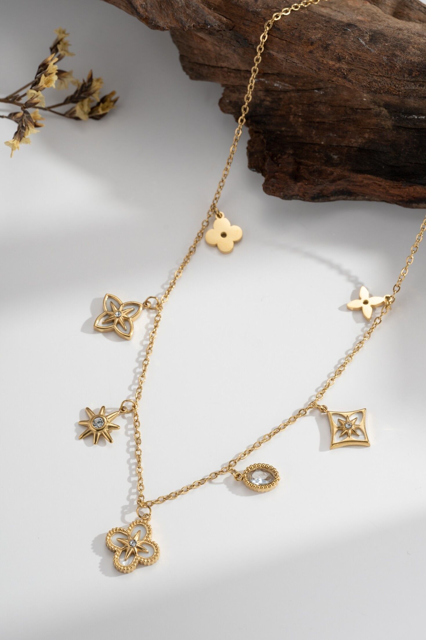 Gold-tone Charm Necklace with Flower and Star Set Stones, Fairy Tale