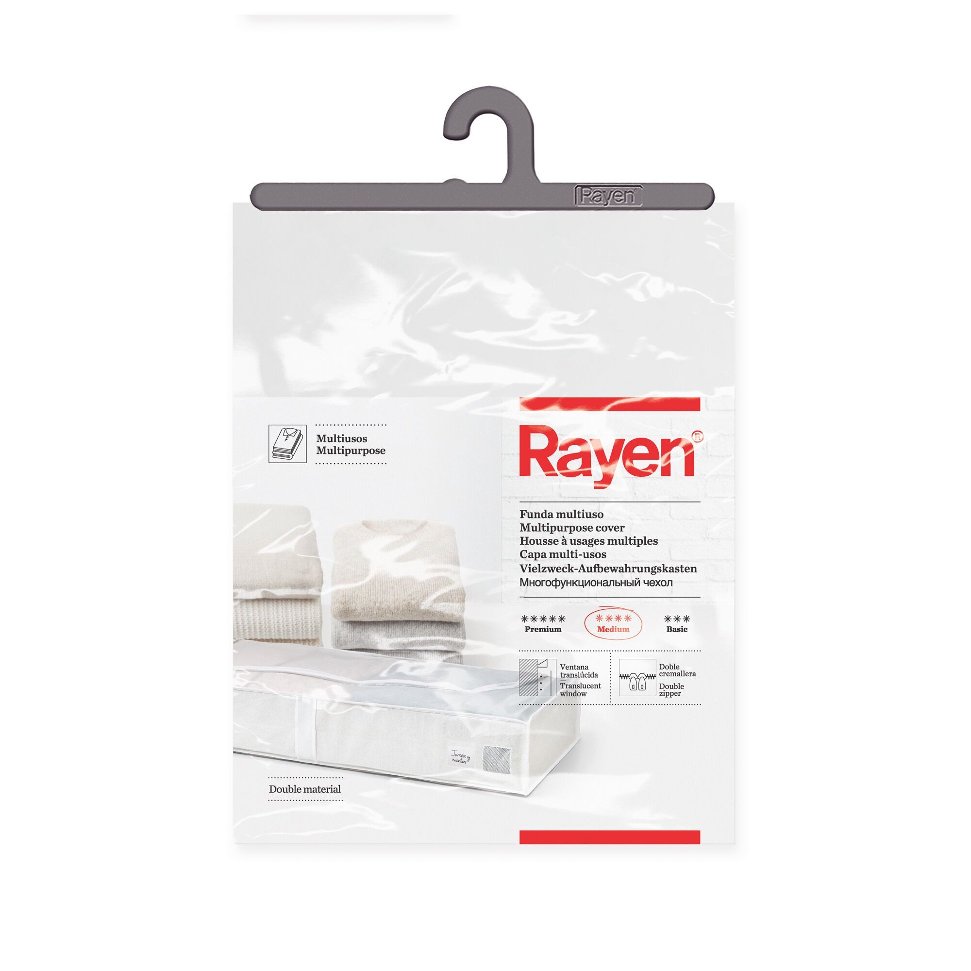 Rayen | Storage box for clothes and bedclothes | Zip-up fabric bag for clothes with breathable, folding and resistant vent | 45 x 103 x 16 cm | White/Translucent