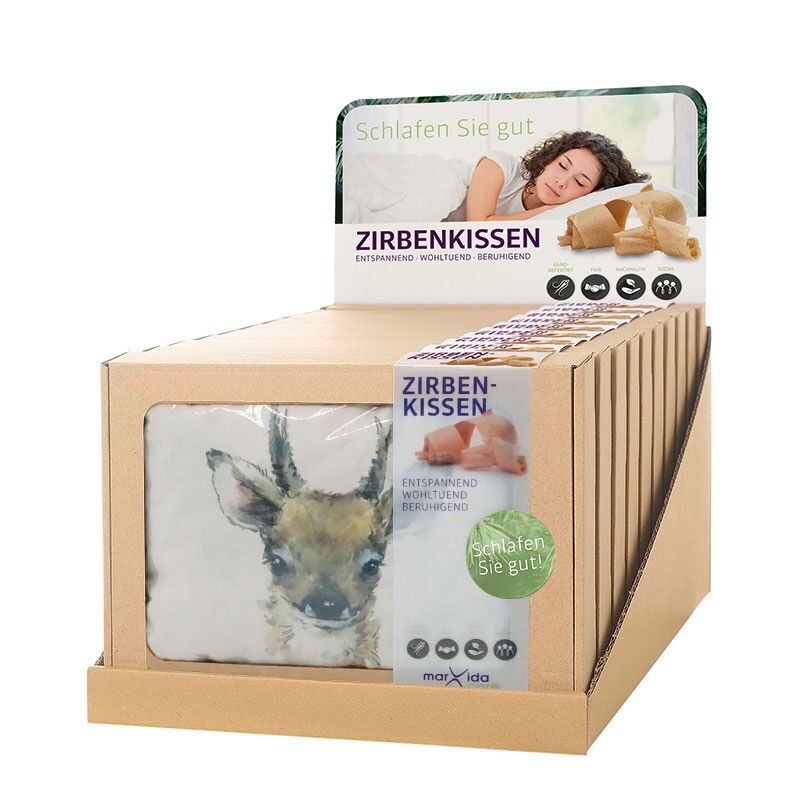 Expositor de 10 almohadas de pino suizo: erizo, zorro, ciervo, etc.| 100 % pino suizo | Set de regalo natural | Almohada natural relajante con motivos de animales del bosque