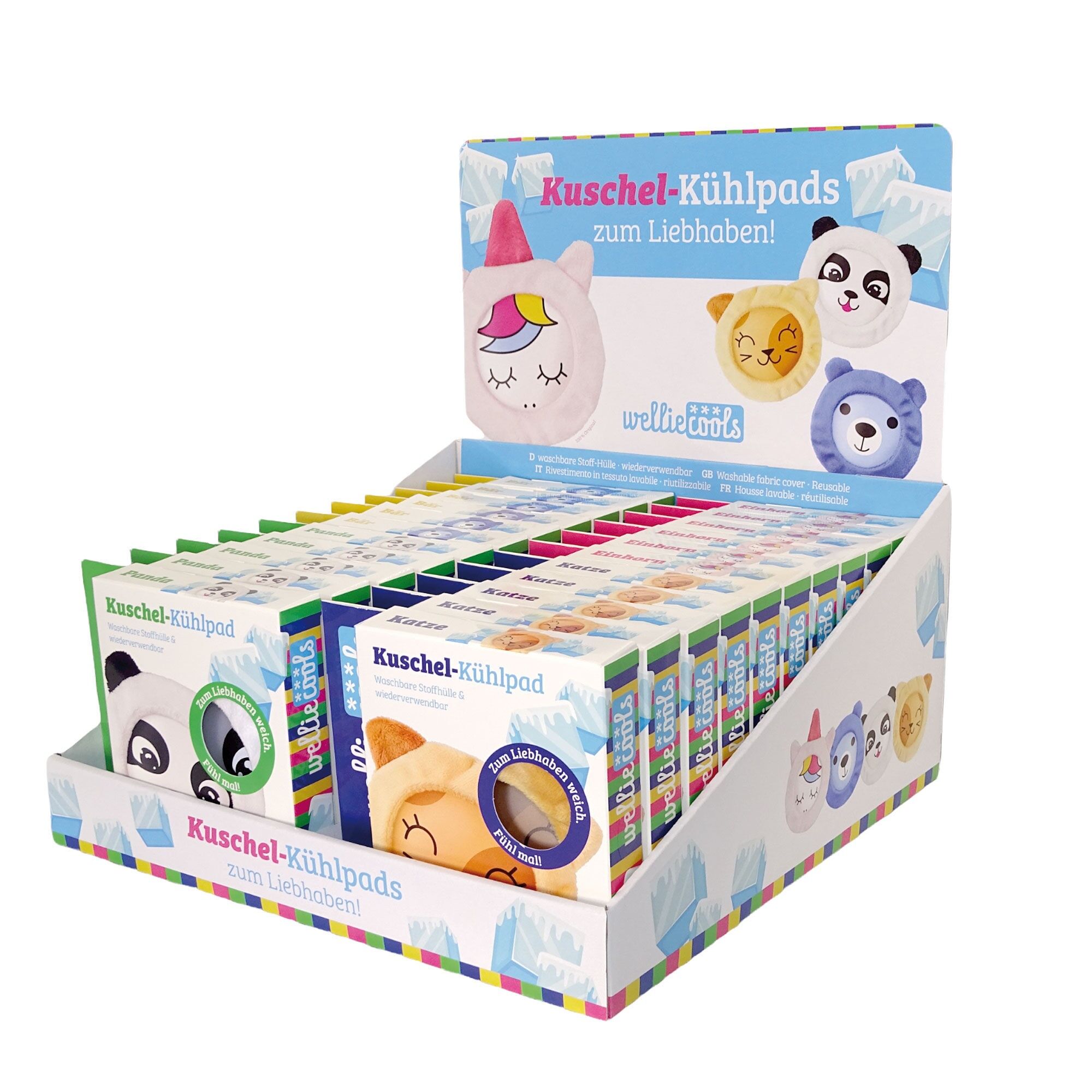 Expositor de almohadillas refrescantes para niños welliecools (24 unidades) | Almohadillas refrescantes de gel de peluche con diseños de peluche | Terapia de frío para picaduras y moretones | Unicornio, oso, panda y gato