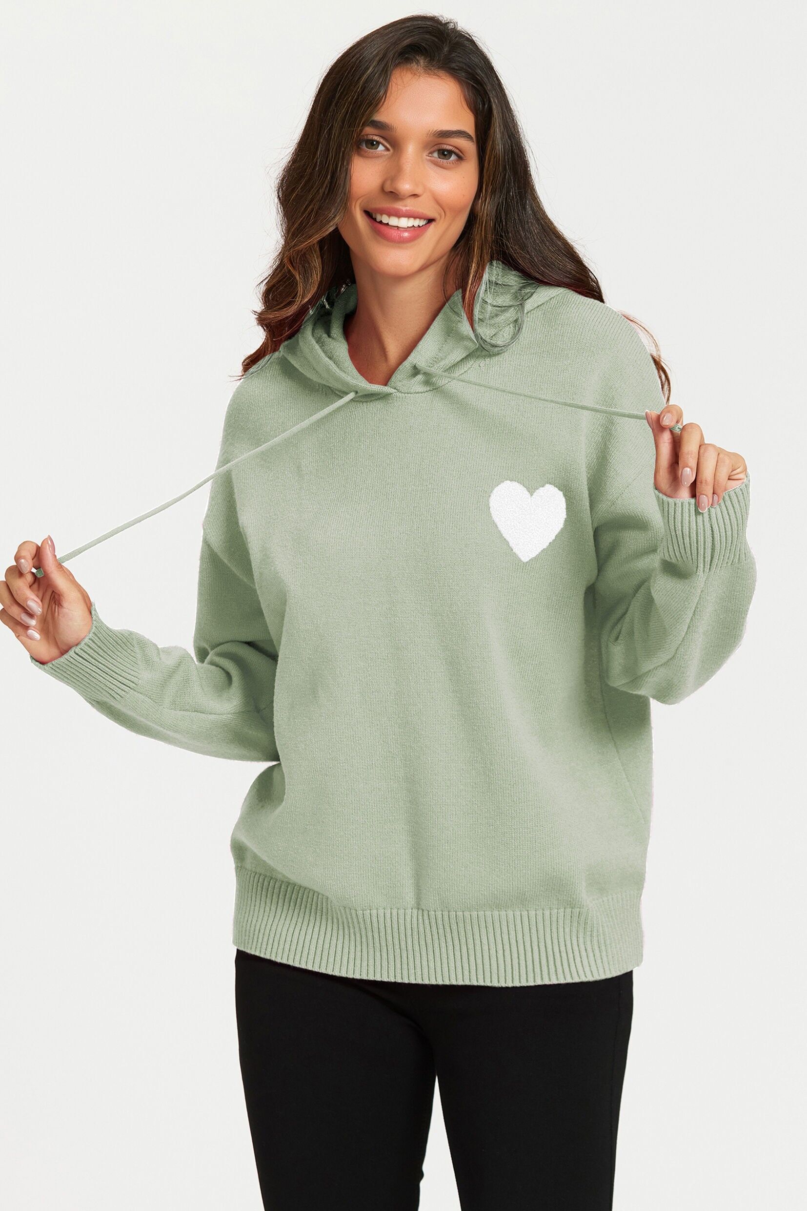 Strickhoodie mit Herzstickerei in Olivegrün