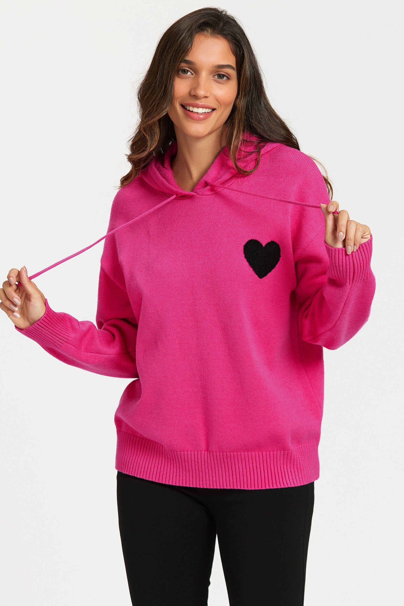 Strickhoodie mit Herzstickerei in Fuchsia Rosa