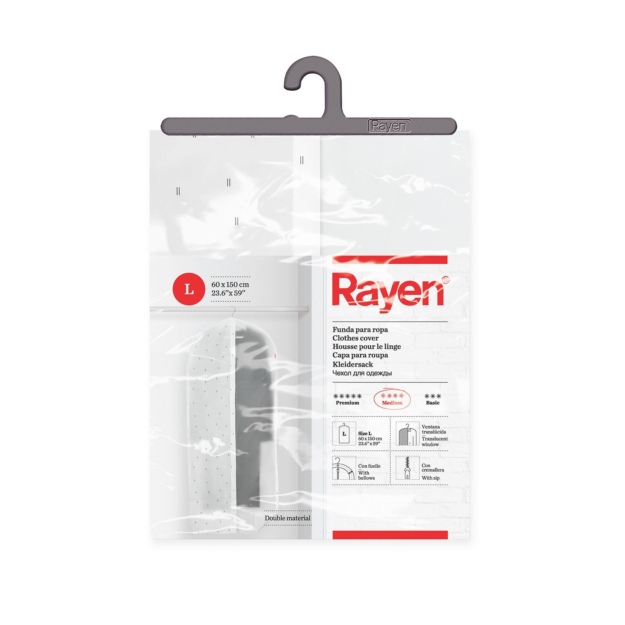 Rayen – Kleidersack. Kleiderbügelhülle mit Reißverschluss. Kleiderüberzug, resistent gegen Staub, Feuchtigkeit und Motten. 60 × 150 cm.Weiß bedruckt/transparent