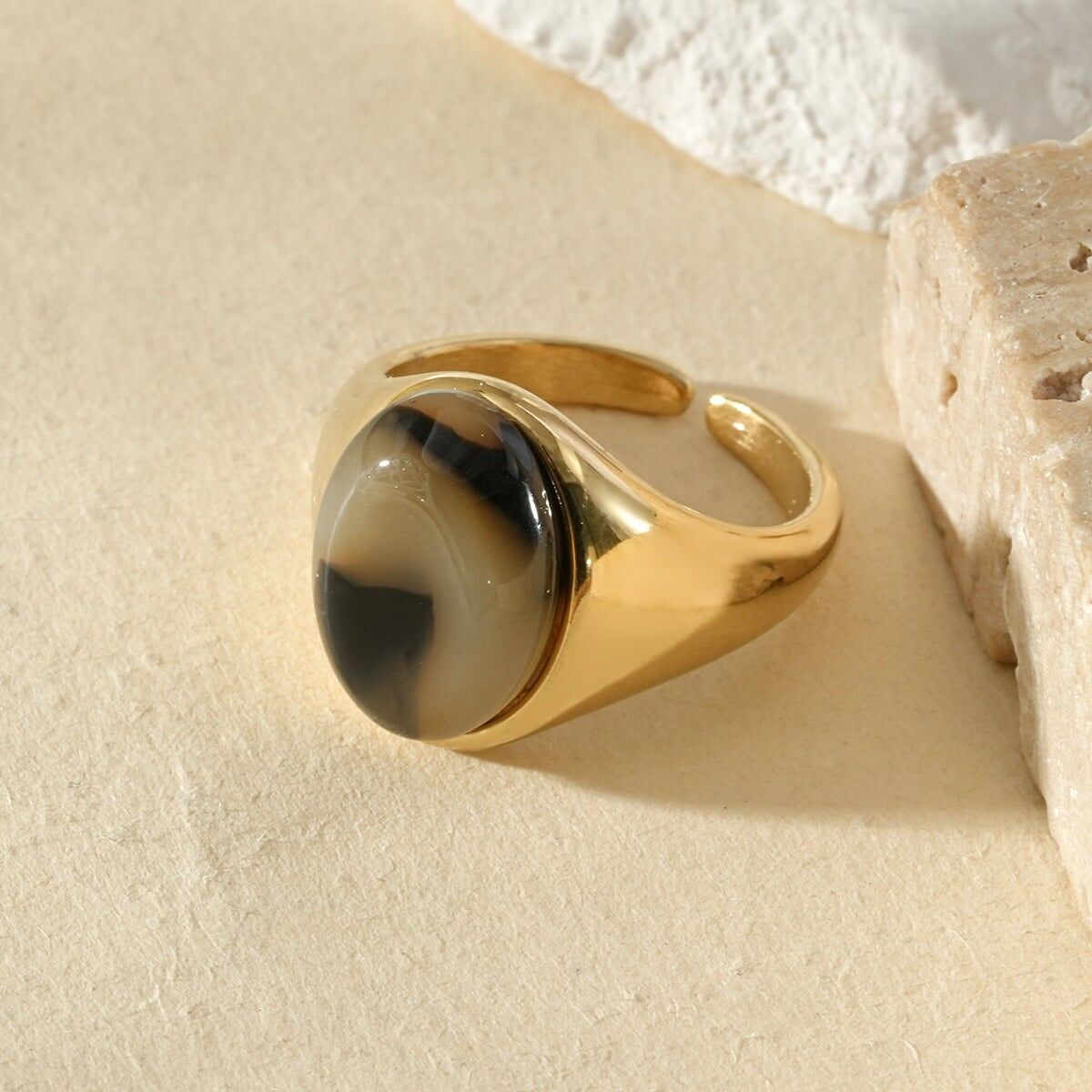 Gold signet ring style oval stone leopard resin