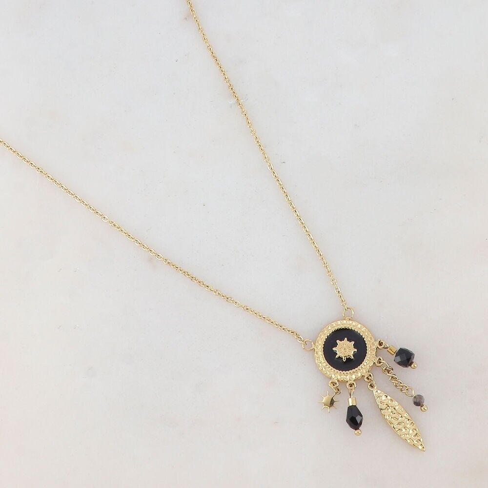 Necklace with tassels, chain, stones, glass paste and enamel