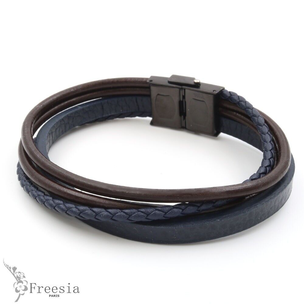 Armband homme multi-rangs cuir et acier - 10612