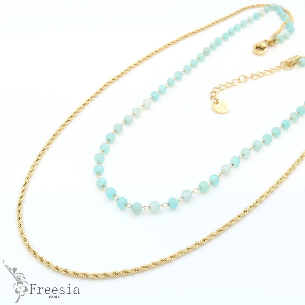 Collier acier et pierre naturelle multi-rangs - 10137