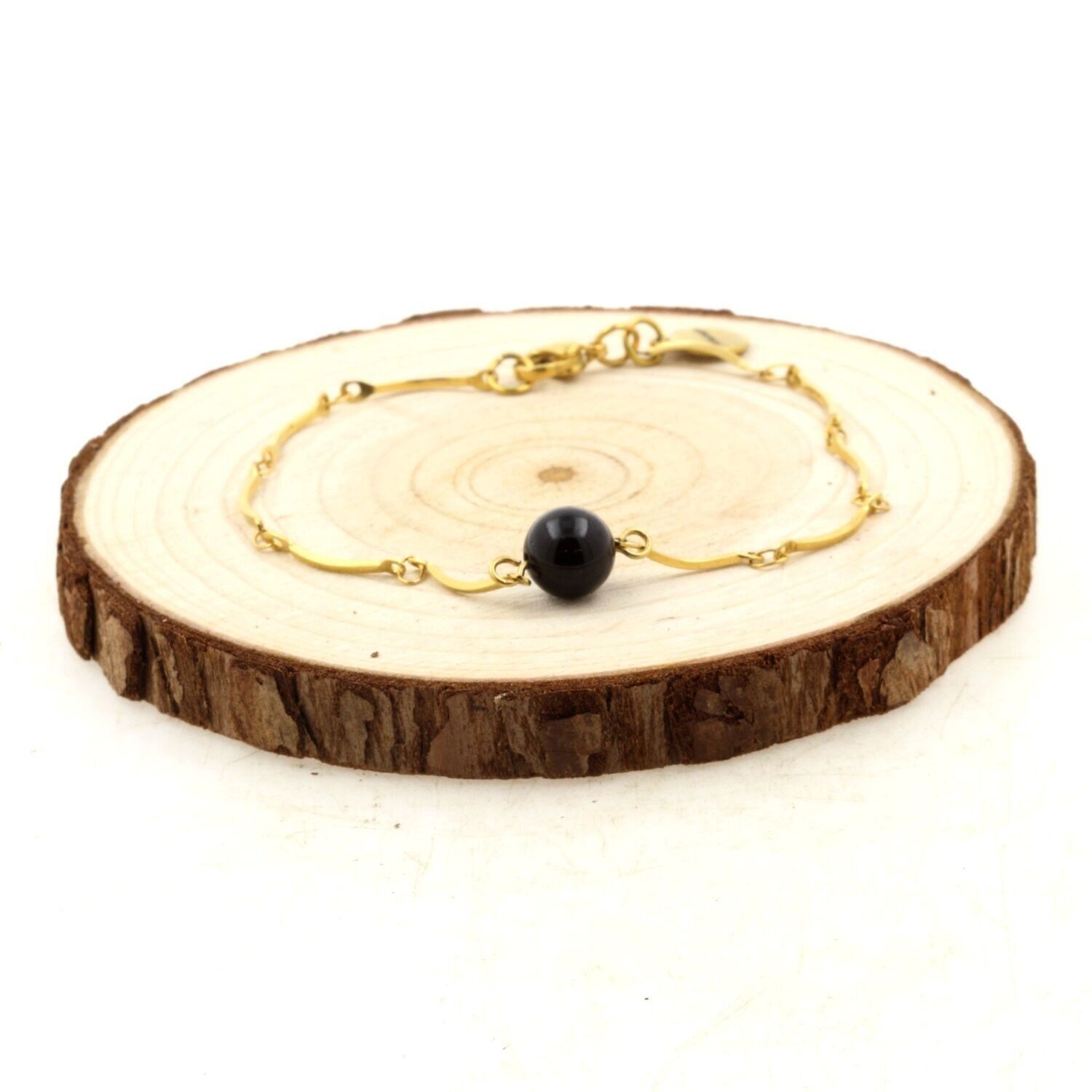 Bracciale in acciaio inossidabile placcato oro con catena (1x15 mm) e 1 perla di tormalina Schorl brasiliana da 8 mm. Fatto in Francia