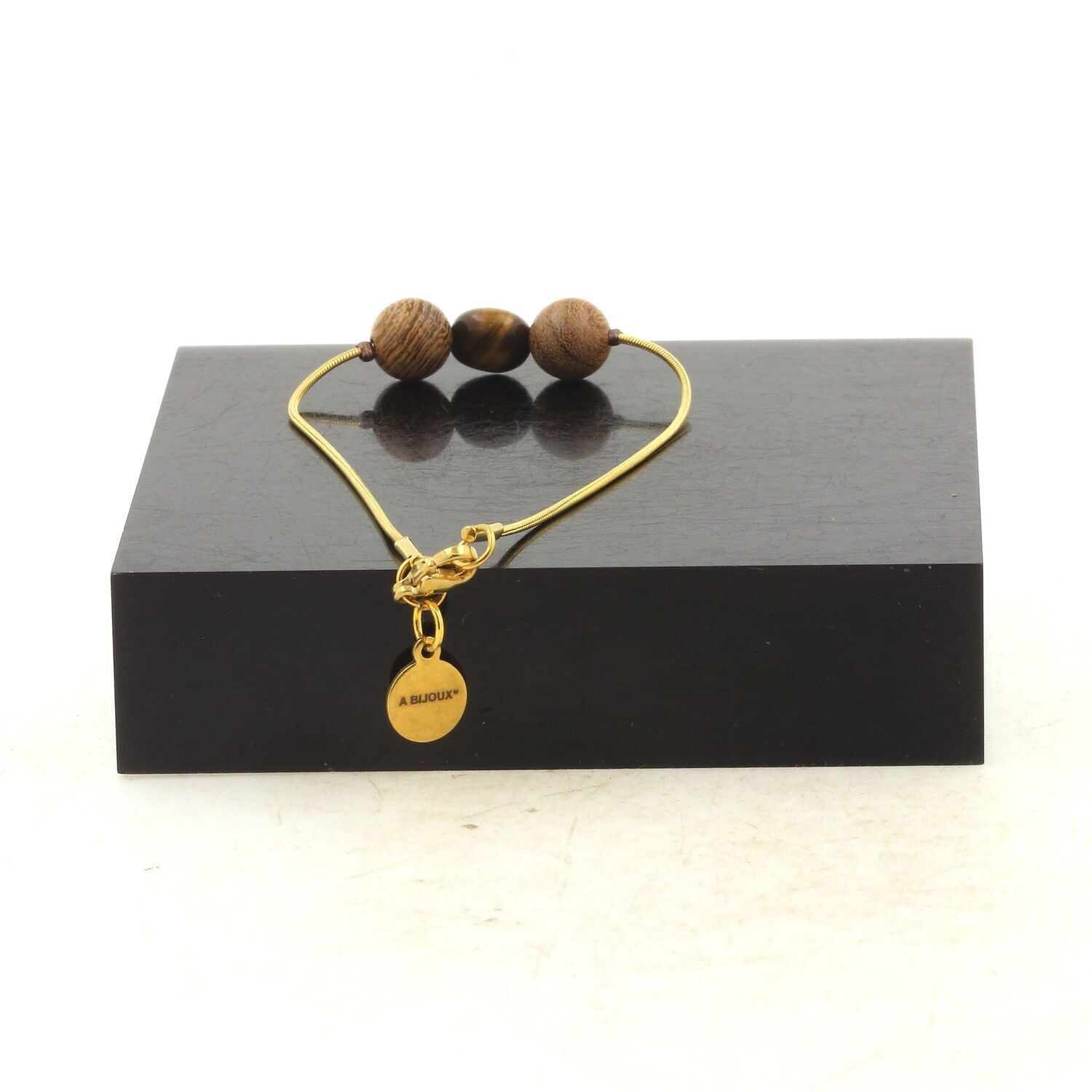 Bracciale in acciaio inossidabile placcato oro con 1 perla di occhio di tigre sudafricano + legno da 8 mm. Fatto in Francia