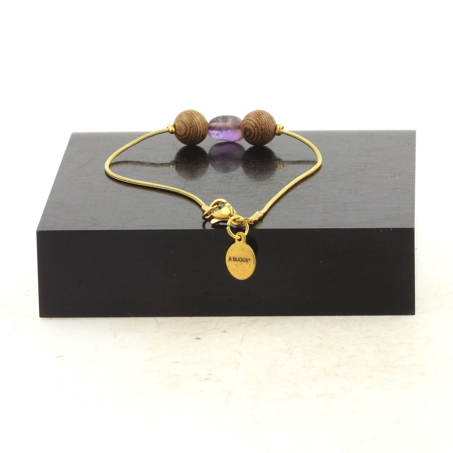Bracciale in acciaio inossidabile placcato oro con 1 perla di ametista brasiliana + legno da 8 mm. Fatto in Francia