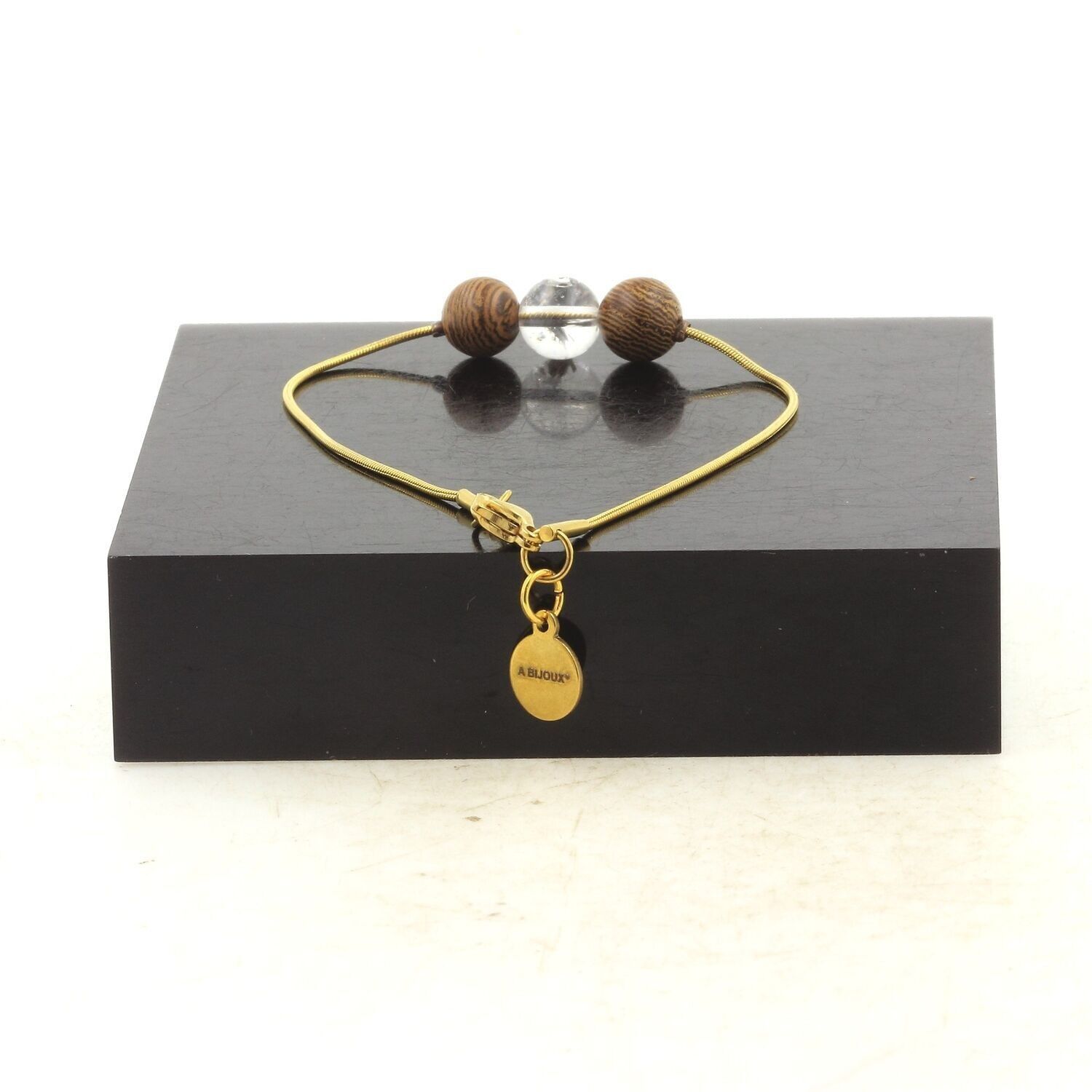 Bracciale in acciaio inossidabile placcato oro con 1 perla di quarzo brasiliano + legno da 8 mm. Fatto in Francia