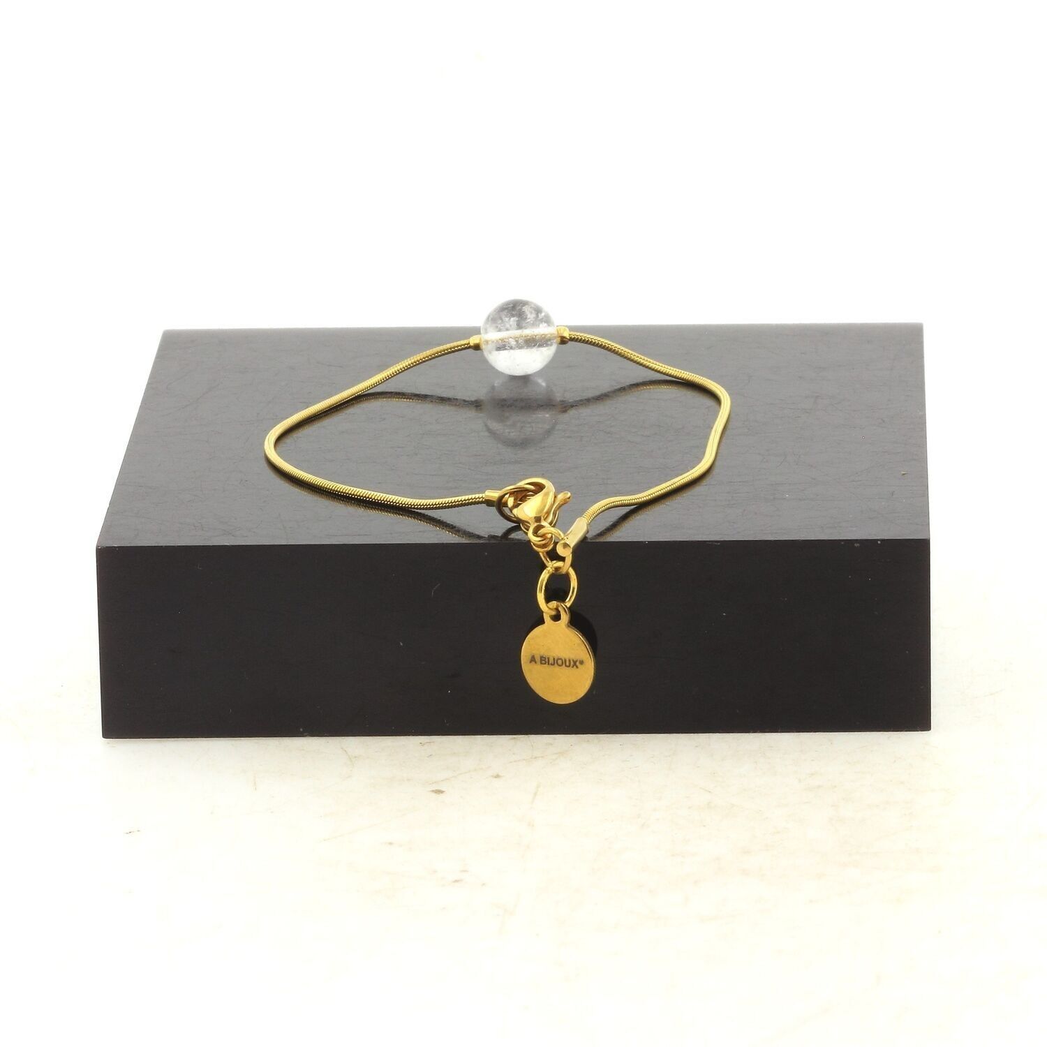 Bracciale in acciaio inossidabile placcato oro con 1 perla di quarzo brasiliano, 8 mm. Fatto in Francia