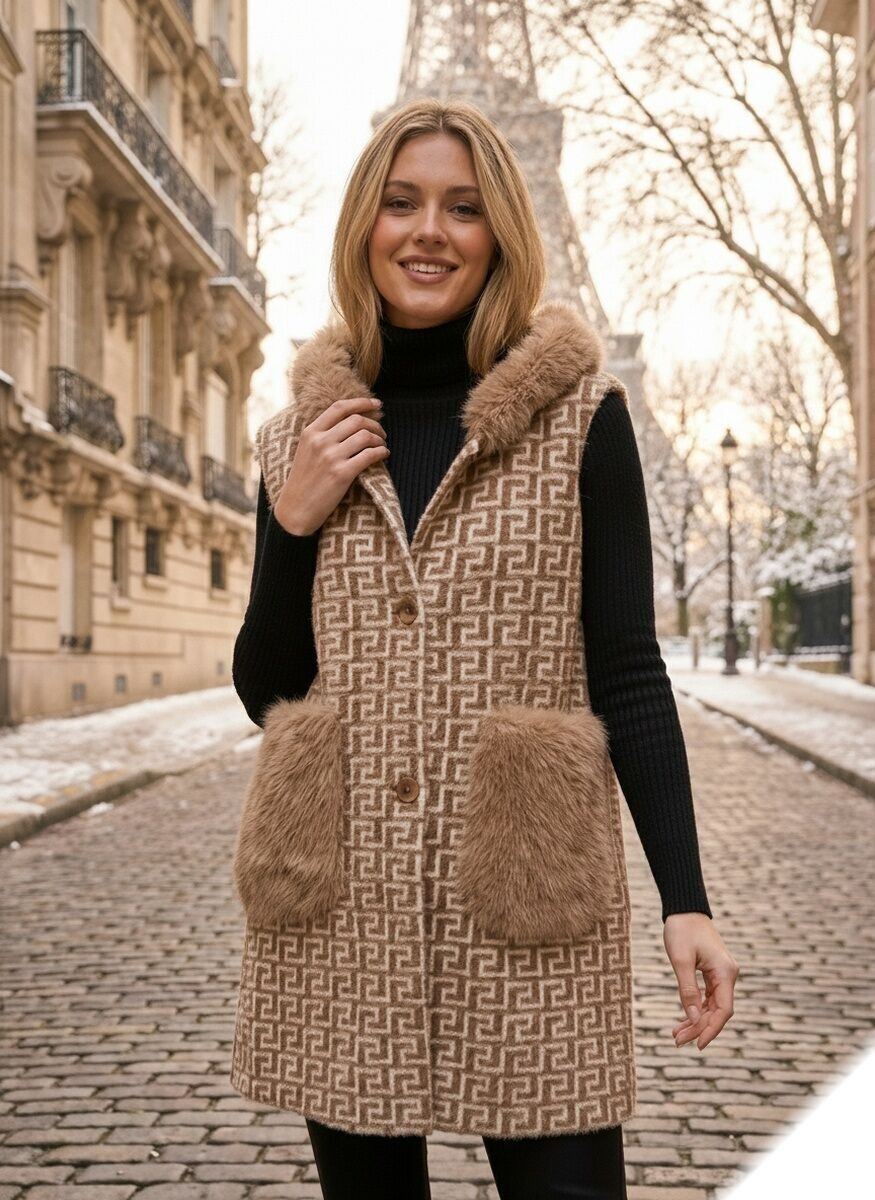 Ärmelloser Kunstpelzmantel mit Print - 336 - Lusa Mode