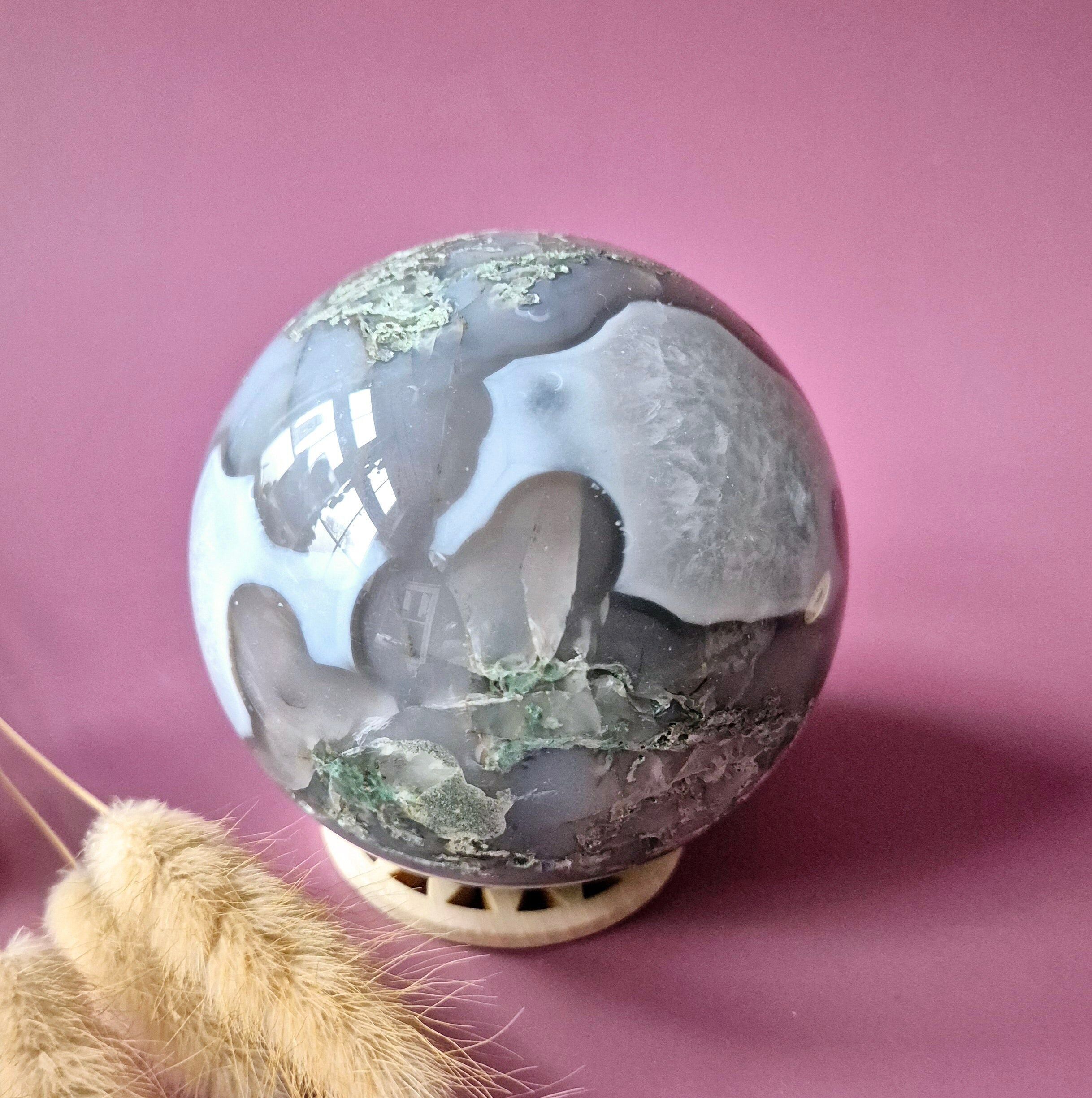 Sfera di pietra preziosa di cristallo, agata muschiata, drusa, geode, 90 mm, 1018 g