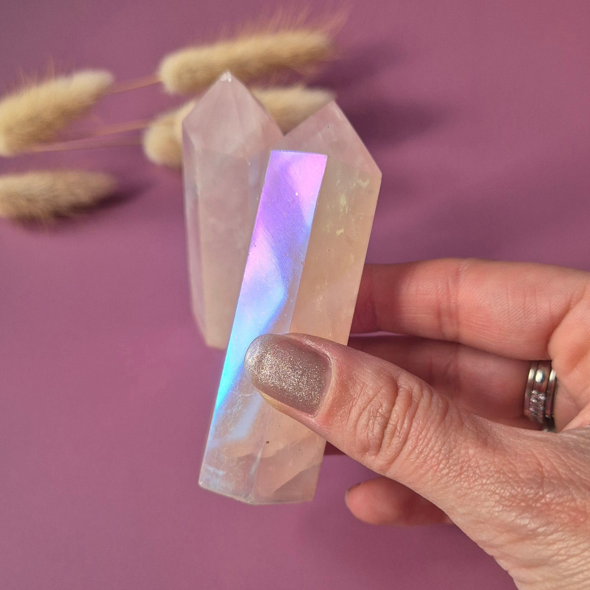Tour en quartz rose aura d'ange, pierre précieuse – 7 à 9 cm