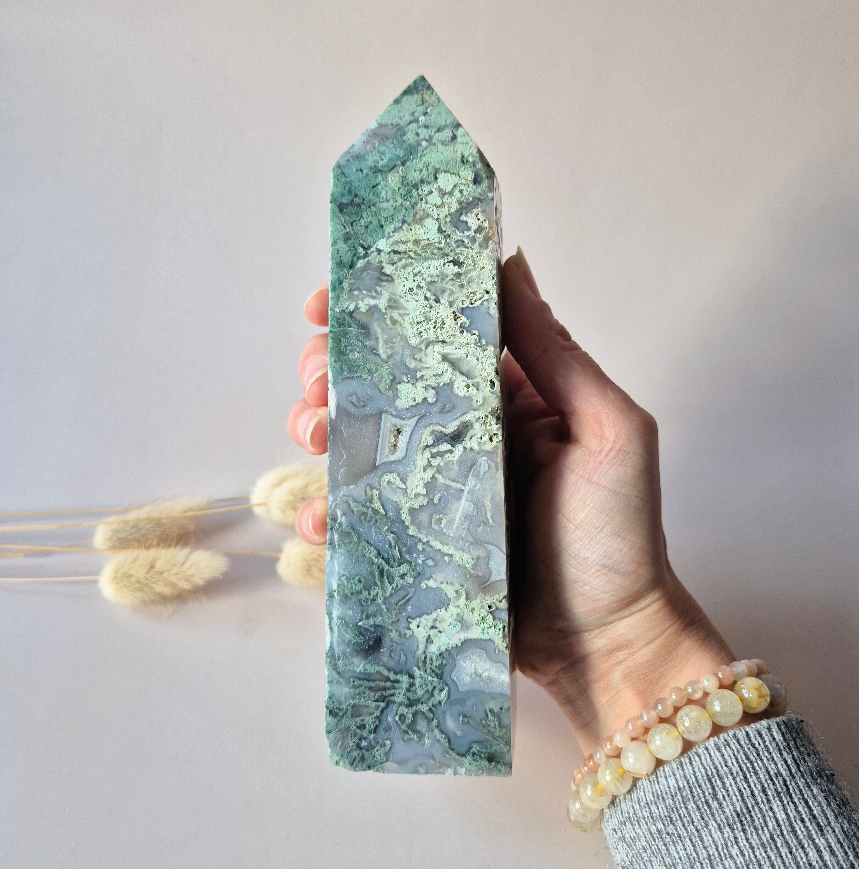 Torre de piedras preciosas de ágata musgosa XXL (637 g) Obelisco/Torre/Punta