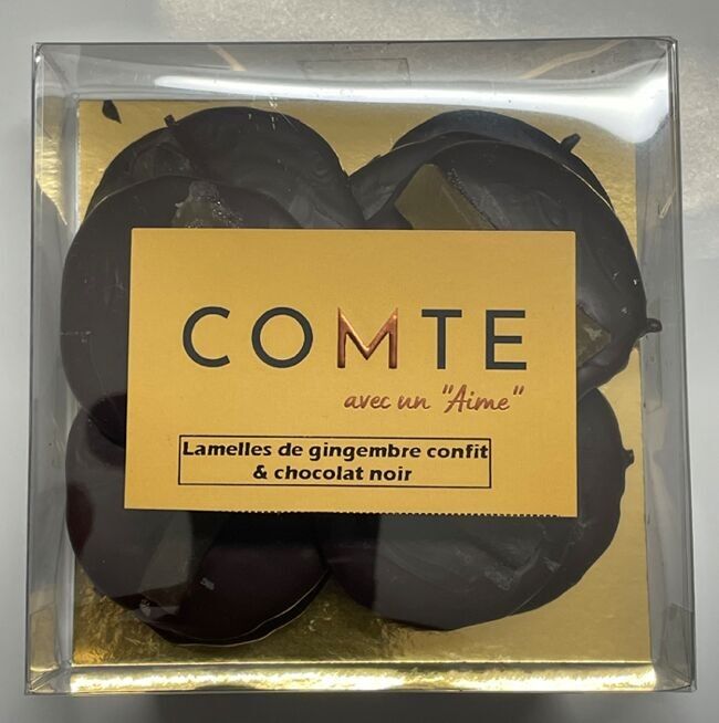 Dunkle Schokoladenscheiben, 76 % Kakao, aus Kambodscha und Brasilien, mit kandiertem Ingwer