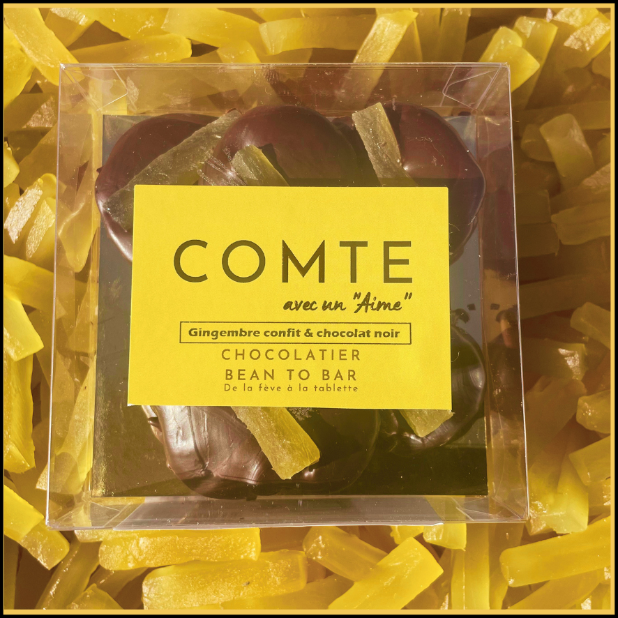Dark chocolate discs, 76% cocoa, from Cambodia, Brazil, with candied ginger