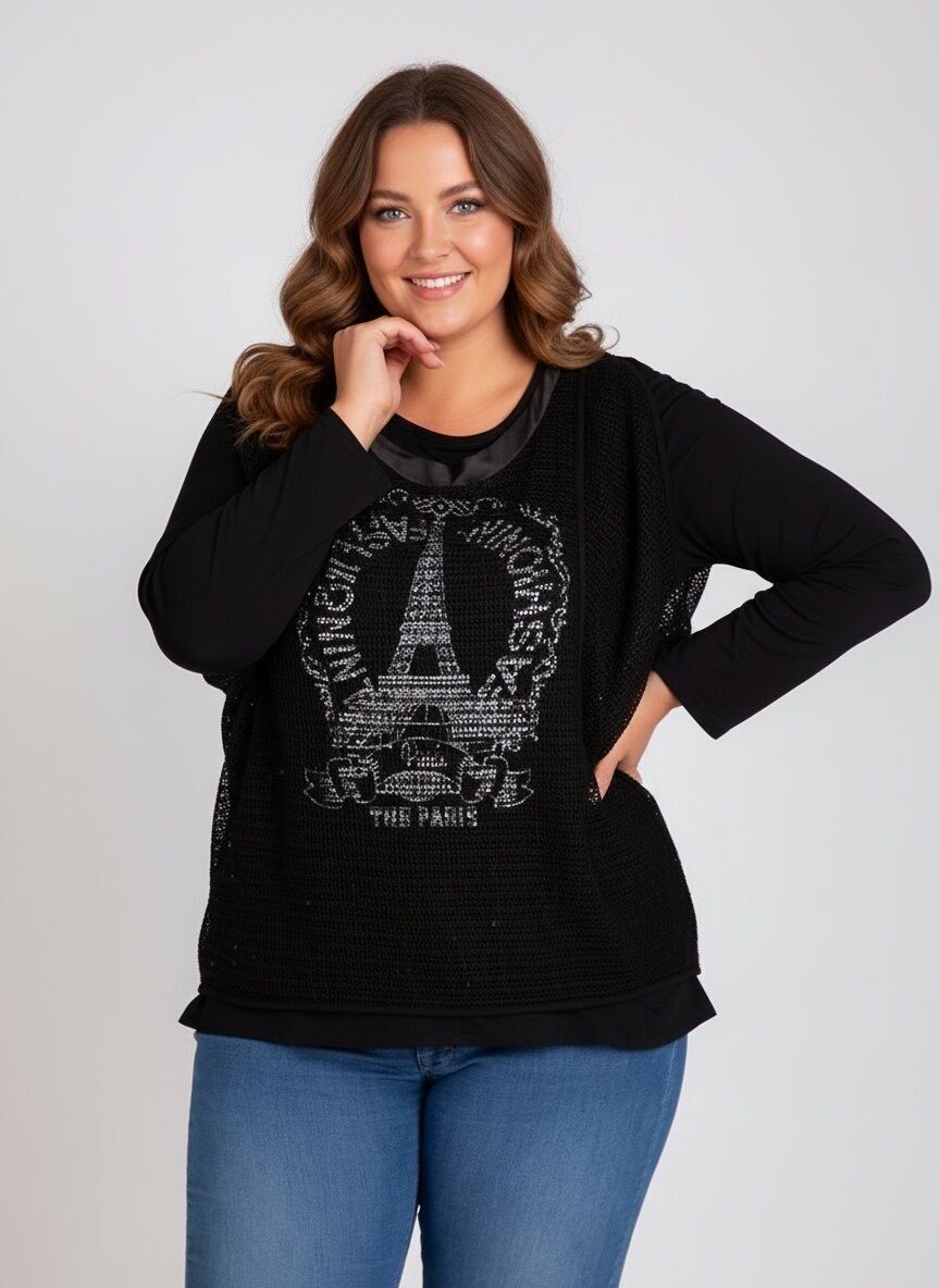 Plus size black printed t-shirt + openwork cardigan set (A553)