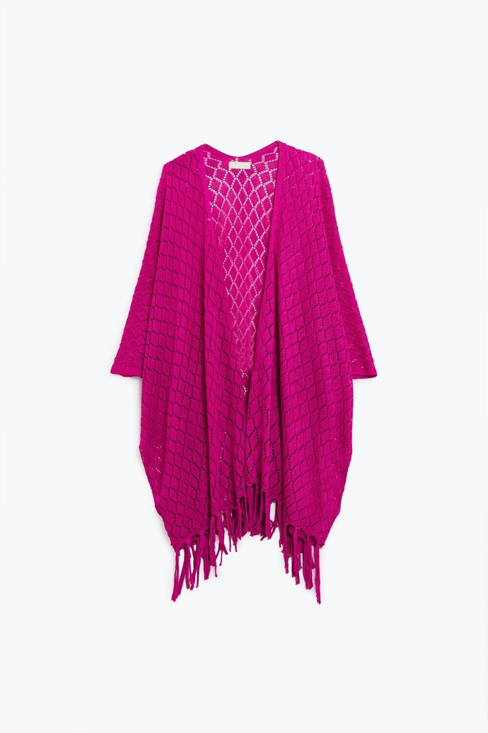 Cardigan aperto fucsia con frange e maniche a 3/4